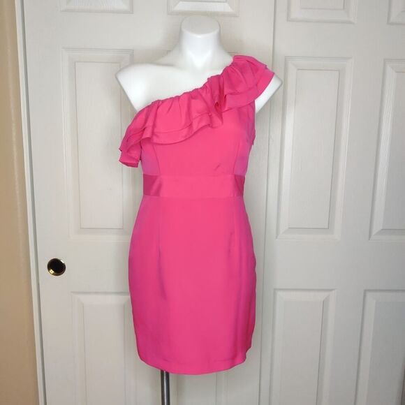 Forever 21 hot pink ruffle one shoulder sheath dress sz M - Picture 1 of 9
